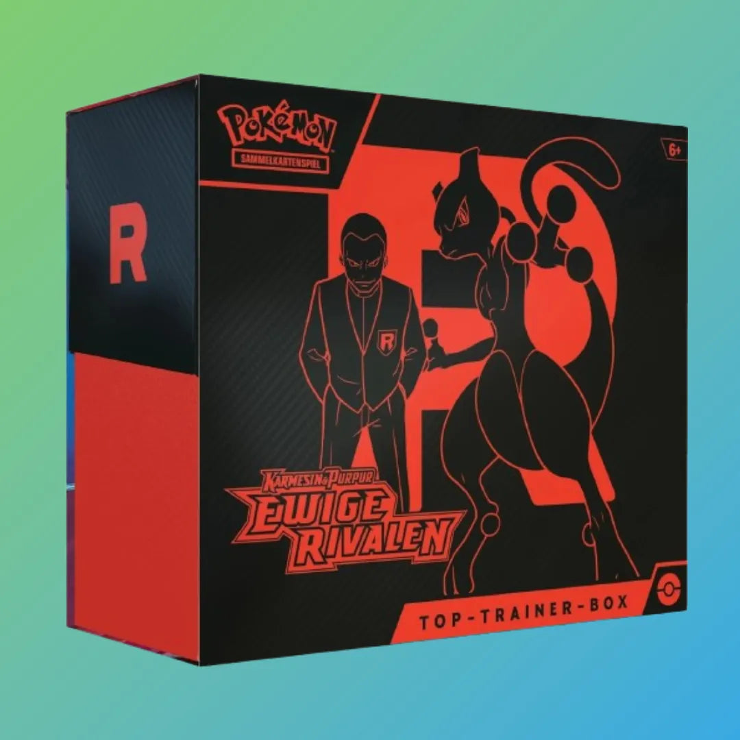 Pokémon Sammelkartenspiel KP 10 Ewige Rivalen Top Trainer Box (TTB, DE) – deutschsprachige Premium-Box mit exklusiven Promokarten, mehreren Boosterpacks aus der Ewige Rivalen Erweiterung, hochwertigen Kartenhüllen, Würfeln, Marken und weiterem Zubehör. Ideal für Sammler und Spieler, die ihre Sammlung mit besonderen Extras und praktischen Spielutensilien erweitern möchten. Perfekt als Geschenk oder für den Einstieg in das neue Pokémon KP 10 Set