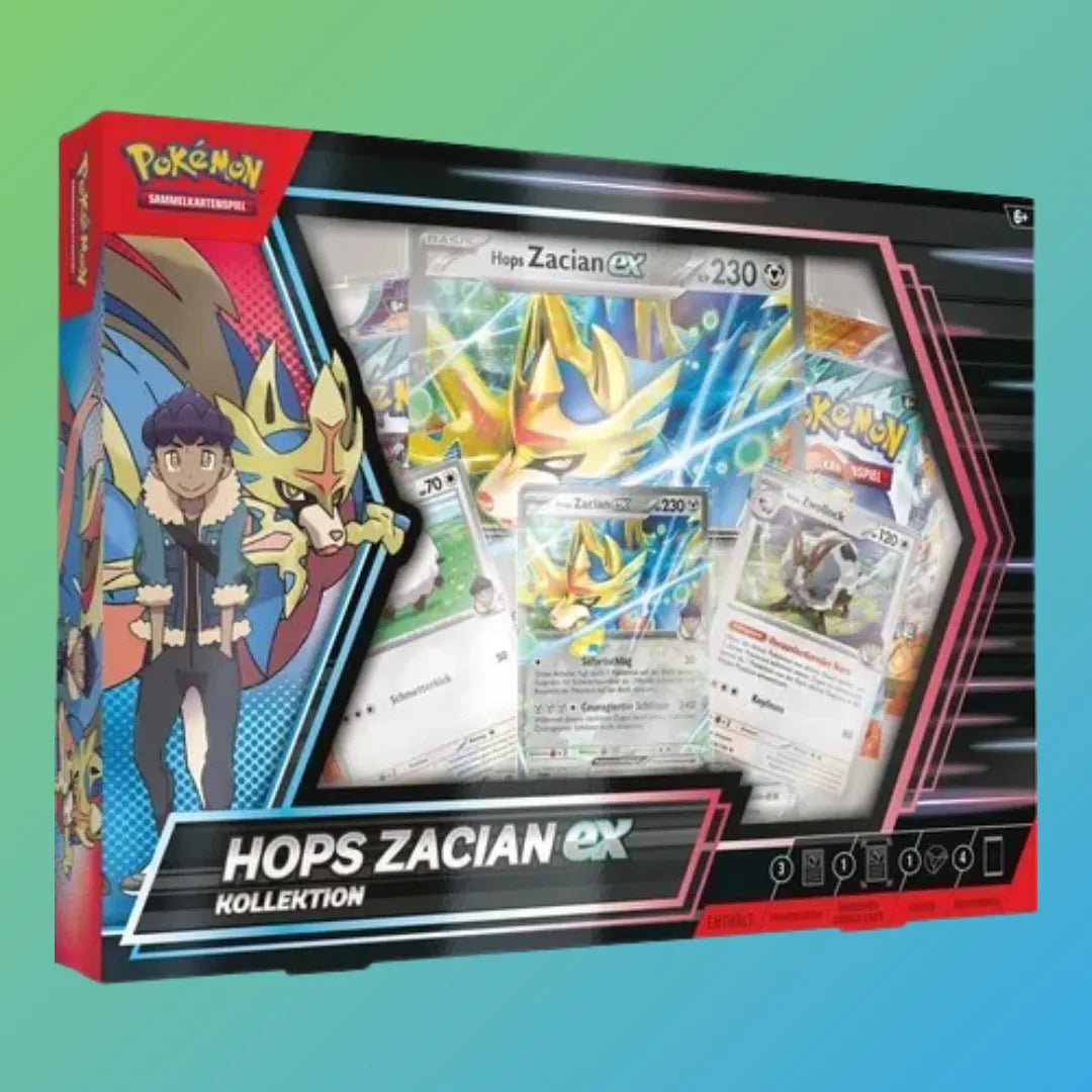 Pokémon Sammelkartenspiel Hops Zacian ex Kollektion (Deutsch) – exklusive Box mit einer besonderen Zacian ex Promokarte, zusätzlichen holografischen Karten sowie mehreren deutschsprachigen Boosterpacks aus aktuellen Pokémon TCG-Erweiterungen. Enthält außerdem eine übergroße Jumbo-Karte von Zacian ex. Ideal für Sammler und Spieler, die ihre Sammlung mit neuen Karten und besonderen Extras erweitern möchten. Perfekt als Geschenk oder zum Einstieg ins Pokémon Trading Card Game