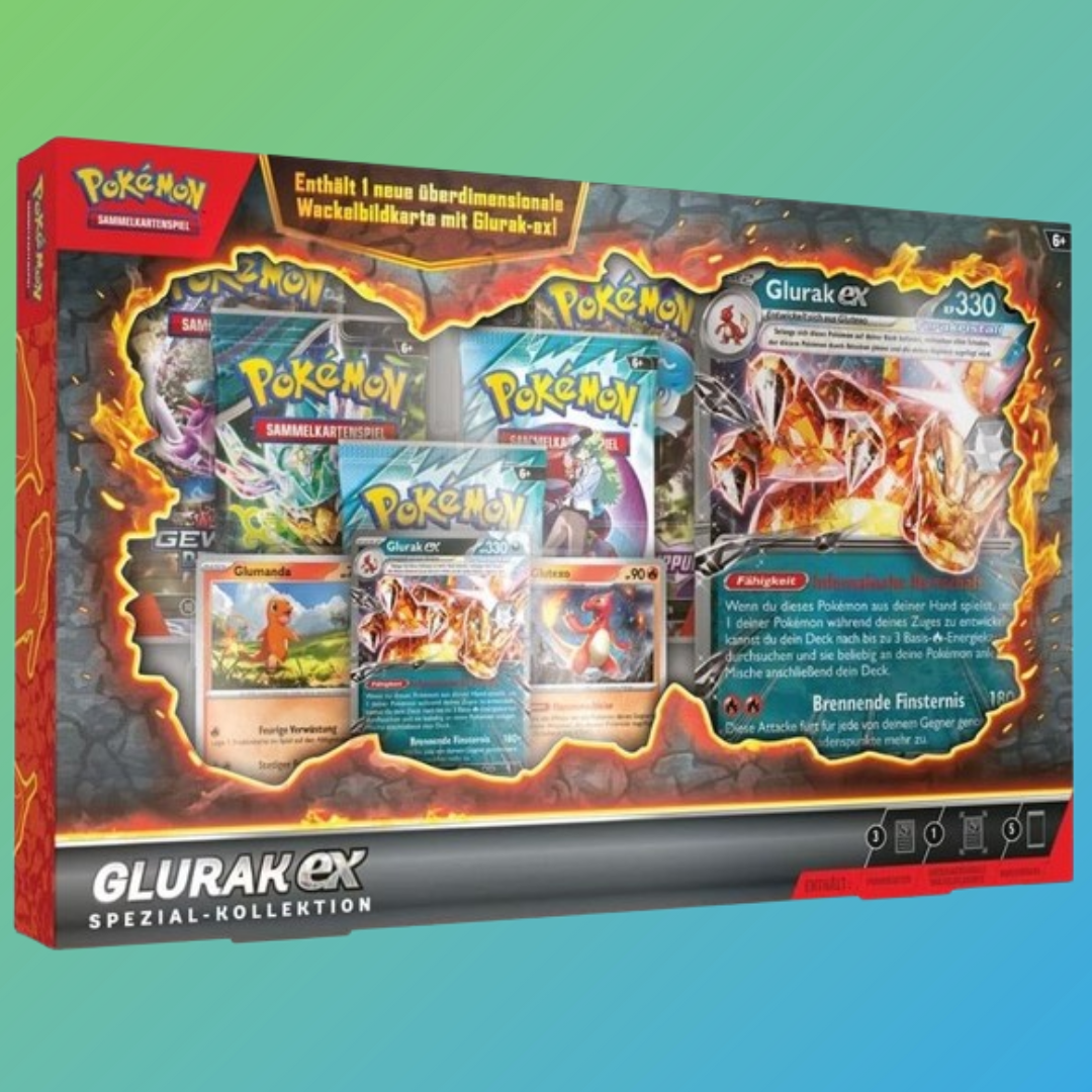 Pokémon Sammelkartenspiel Glurak EX Spezial Kollektion Deutsch – Original verpackte Spezialkollektion auf Deutsch, enthält exklusive Glurak EX Promo-Karten, mehrere Boosterpacks, eine übergroße Glurak-Karte und weiteres Zubehör, ideal für Pokémon-Sammler und Spieler, jetzt bei mojozone.shop erhältlich