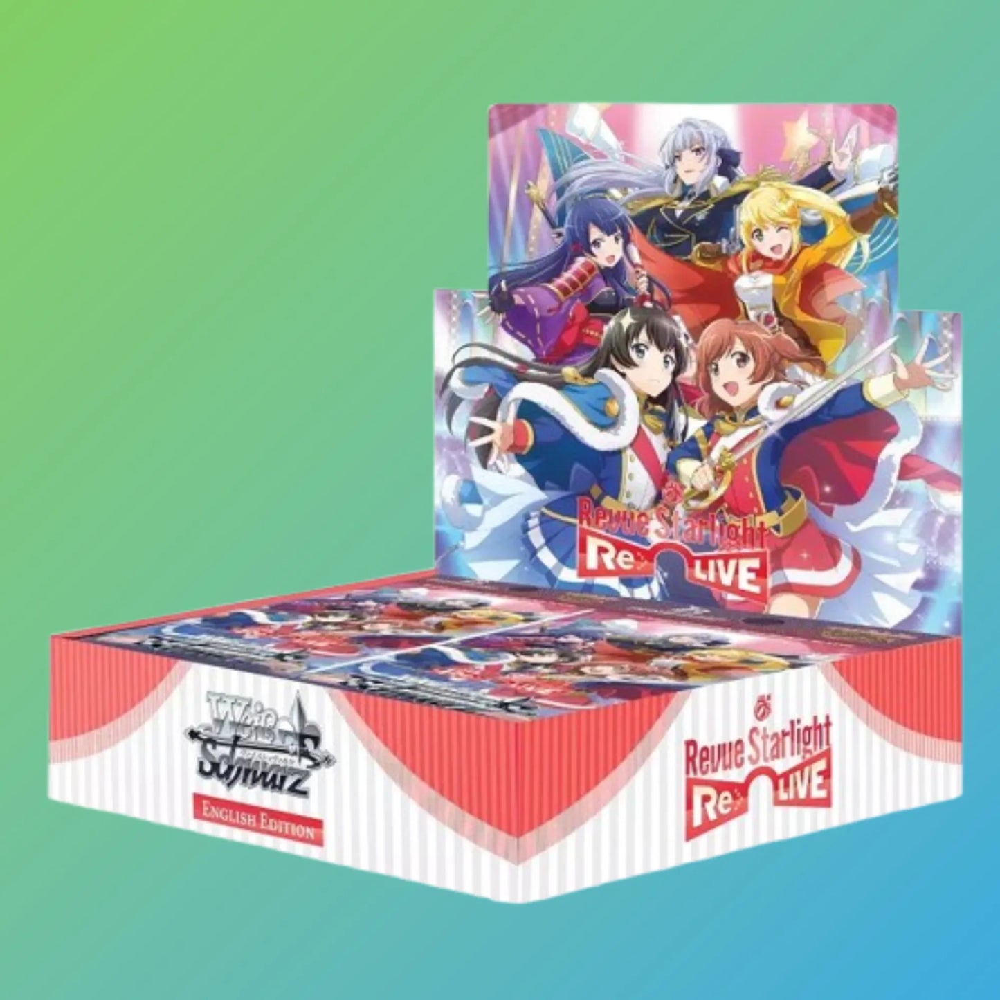 Weiß Schwarz – Revue Starlight ReLive Booster Box (Englisch) – versiegelte Sammelbox mit 16 englischsprachigen Boosterpacks aus der Revue Starlight ReLive Edition. Enthält exklusive Sammelkarten mit beliebten Charakteren und Szenen aus dem Anime Revue Starlight ReLive. Ideal für Sammler und Spieler, die ihre Weiß Schwarz Sammlung erweitern oder auf der Suche nach limitierten und besonderen Karten sind. Perfekt für Booster-Openings, Tausch oder als Geschenk für Anime- und TCG-Fans