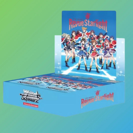 Weiß Schwarz – Revue Starlight The Movie Booster Box (Englisch) – versiegelte Sammelbox mit 16 englischsprachigen Boosterpacks aus der Revue Starlight The Movie Edition. Enthält exklusive Sammelkarten mit beliebten Charakteren und Szenen aus dem Anime-Film Revue Starlight. Ideal für Sammler und Spieler, die ihre Weiß Schwarz Sammlung erweitern oder auf der Suche nach limitierten und besonderen Karten sind. Perfekt für Booster-Openings, Tausch oder als Geschenk für Anime- und TCG-Fans.