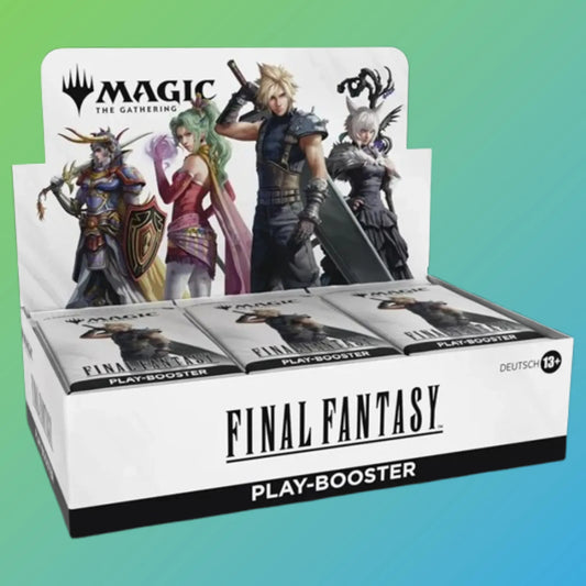 Magic the Gathering Final Fantasy Play Booster Display – versiegelte Display-Box mit mehreren Play Boostern aus der einzigartigen Magic: The Gathering x Final Fantasy Crossover-Edition. Enthält Sammelkarten mit beliebten Charakteren, Zaubern und Motiven aus dem Final Fantasy Universum, speziell für das Magic TCG umgesetzt. Ideal für Sammler, Spieler und Fans beider Welten, die ihre Sammlung mit limitierten und besonderen Karten erweitern möchten. Perfekt für Booster-Openings, Drafts, Tausch oder als Geschen