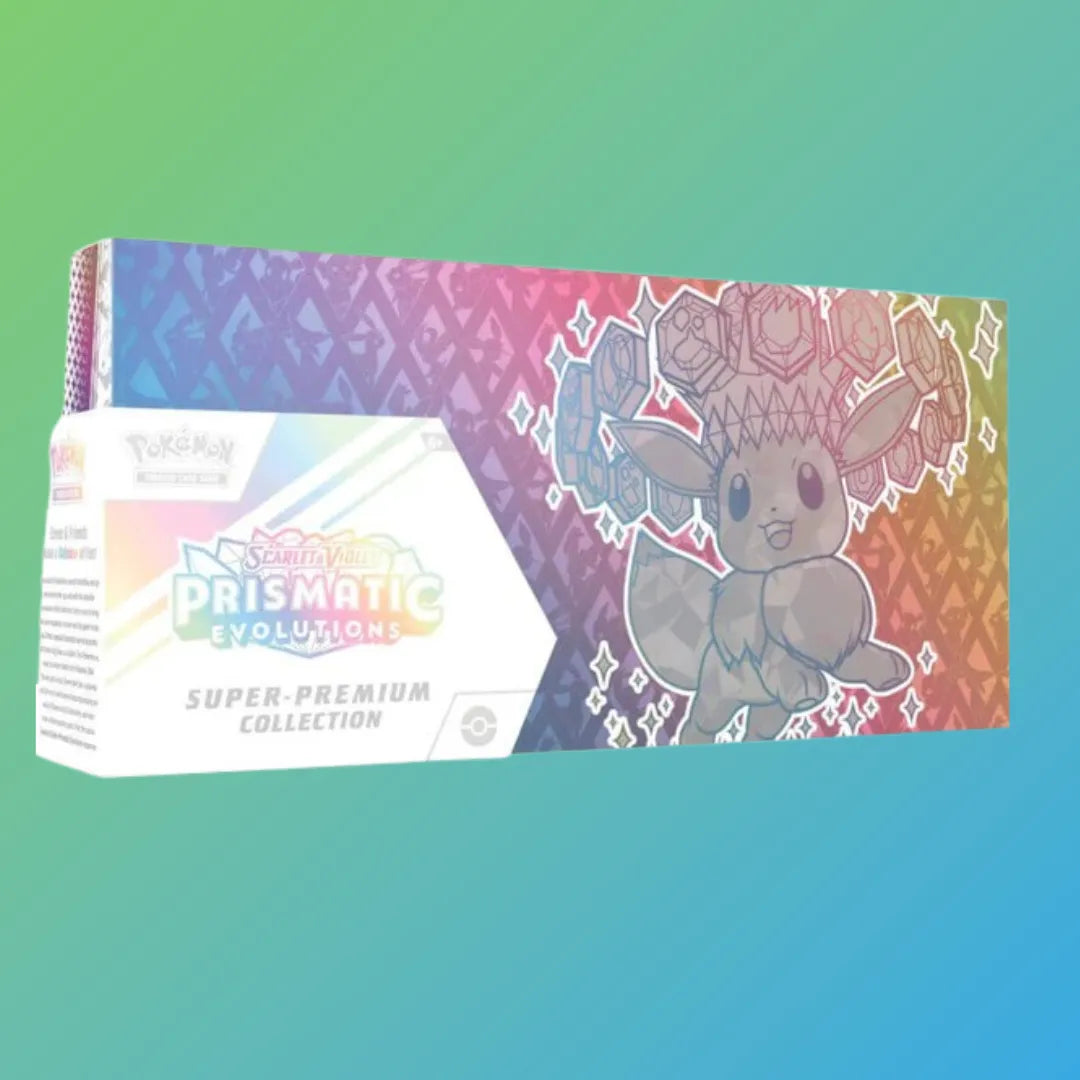 Pokémon Sammelkartenspiel: Prismatic-Evolution-Super-Premium-Collection (EN) – Hochwertige Premium-Sammlerbox in englischer Sprache mit exklusiven Promo-Karten, darunter seltene holografische und prismatic Varianten, mehreren Boosterpacks aus aktuellen Pokémon TCG-Erweiterungen, speziellem Zubehör wie Sammelbox, Kartenhüllen, Münze und Spielanleitung. Die Box richtet sich an Sammler und Spieler, die besondere Karten und umfangreiches Zubehör für das Pokémon Trading Card Game suchen. Ideal als Geschenk oder 