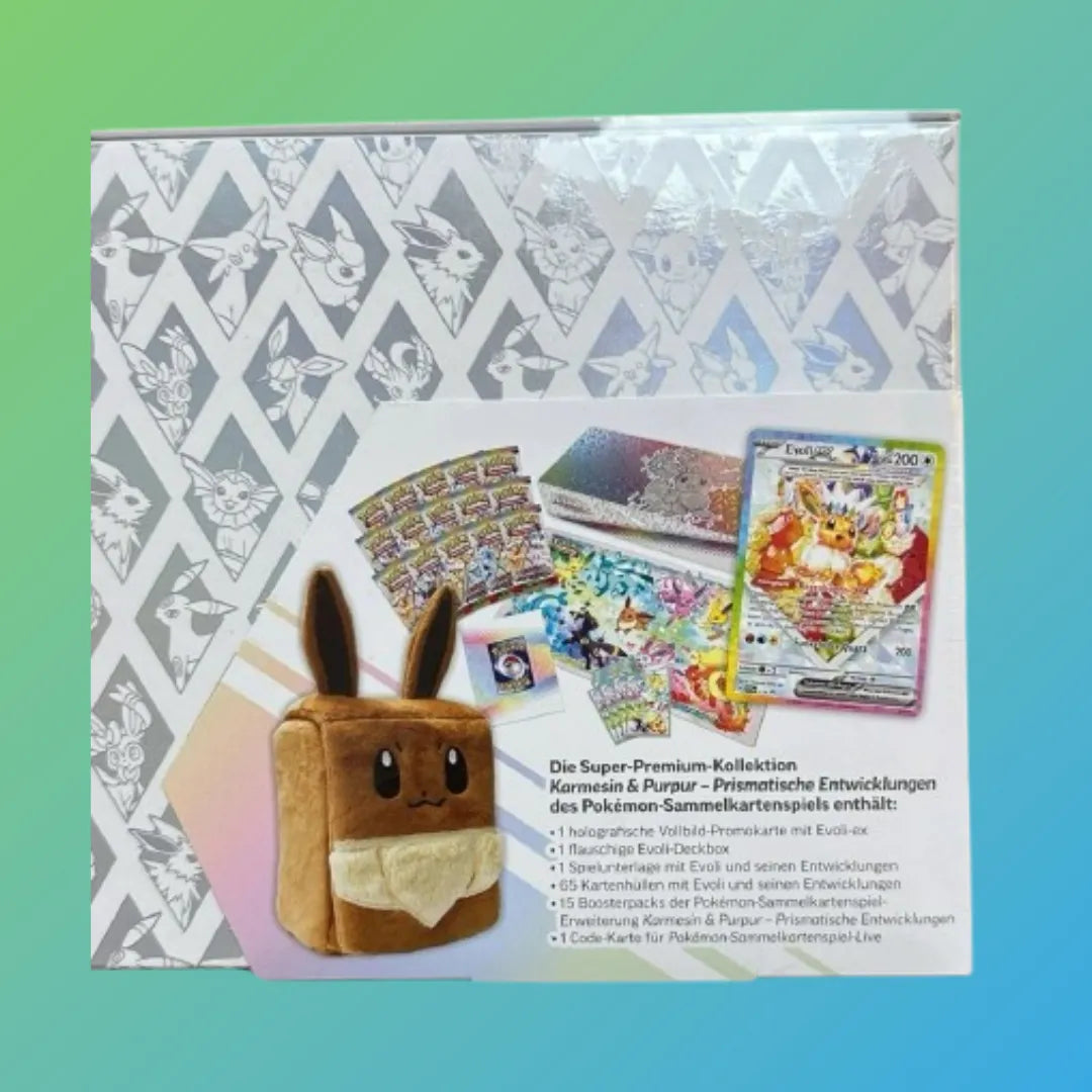 Pokémon Sammelkartenspiel: Prismatic-Evolution-Super-Premium-Collection (DE) – Hochwertige Premium-Sammlerbox in englischer Sprache mit exklusiven Promo-Karten, darunter seltene holografische und prismatic Varianten, mehreren Boosterpacks aus aktuellen Pokémon TCG-Erweiterungen, speziellem Zubehör wie Sammelbox, Kartenhüllen, Münze und Spielanleitung. Die Box richtet sich an Sammler und Spieler, die besondere Karten und umfangreiches Zubehör für das Pokémon Trading Card Game suchen. Ideal als Geschenk oder 