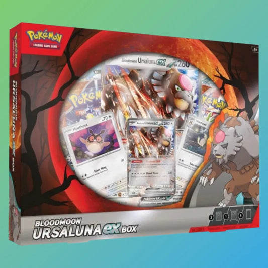 Pokémon Sammelkartenspiel Bloodmoon Ursaluna ex Collection (Englisch) – exklusive Box mit einer besonderen Bloodmoon Ursaluna ex Promokarte, zusätzlichen holografischen Karten, mehreren englischsprachigen Boosterpacks aus aktuellen Pokémon TCG-Erweiterungen und einer übergroßen Jumbo-Karte. Ideal für Sammler und Spieler, die ihre Sammlung mit neuen Karten und besonderen Extras erweitern möchten. Perfekt als Geschenk oder zum Einstieg ins Pokémon Trading Card Game