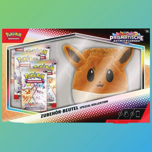 Pokémon Sammelkartenspiel KP 8,5 Zubehör Beutel Spezial Kollektion – Prismatische Entwicklung (Deutsch) – exklusive Spezialkollektion mit praktischem Zubehörbeutel im Prismatische Entwicklung Design. Enthält nützliches Zubehör wie Kartenhüllen, Münze, Marken und weiteres Pokémon TCG-Zubehör, ideal für Sammler und Spieler. Perfekt zur sicheren Aufbewahrung von Spielmaterialien, als Geschenk oder zur Ergänzung der eigenen Pokémon-Sammlung