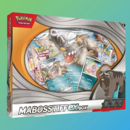 Pokémon Sammelkartenspiel Mabosstiff ex Collection (Englisch) – exklusive Box mit einer besonderen Mabosstiff ex Promokarte, zusätzlichen holografischen Karten, mehreren englischsprachigen Boosterpacks aus aktuellen Pokémon TCG-Erweiterungen und einer übergroßen Jumbo-Karte. Ideal für Sammler und Spieler, die ihre Sammlung mit neuen Karten und besonderen Extras erweitern möchten. Perfekt als Geschenk oder zum Einstieg ins Pokémon Trading Card Game