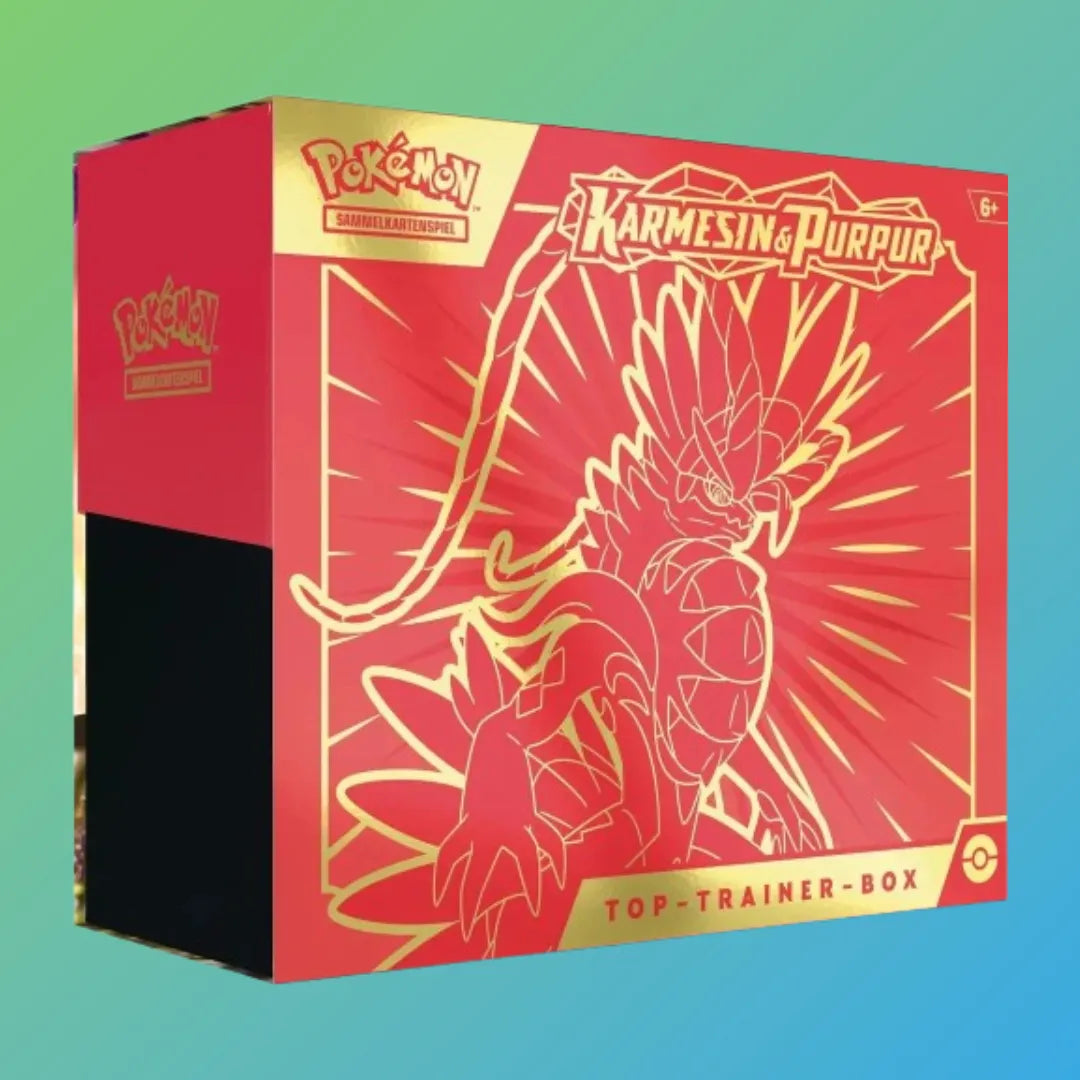 Pokémon Sammelkartenspiel KP 1.0 Karmesin & Purpur Top-Trainer-Box (Deutsch) – exklusive Premium-Box mit mehreren Boosterpacks aus der ersten Karmesin & Purpur Erweiterung, einer besonderen Promokarte, hochwertigen Kartenhüllen, Würfeln, Marken und weiterem Zubehör. Ideal für Sammler und Spieler, die ihre Sammlung erweitern oder direkt in das neue Karmesin & Purpur Set einsteigen möchten. Perfekt als Geschenk oder für den Aufbau eines starken Decks