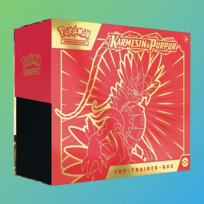 Pokémon Sammelkartenspiel KP 1.0 Karmesin & Purpur Top-Trainer-Box (Deutsch) – exklusive Premium-Box mit mehreren Boosterpacks aus der ersten Karmesin & Purpur Erweiterung, einer besonderen Promokarte, hochwertigen Kartenhüllen, Würfeln, Marken und weiterem Zubehör. Ideal für Sammler und Spieler, die ihre Sammlung erweitern oder direkt in das neue Karmesin & Purpur Set einsteigen möchten. Perfekt als Geschenk oder für den Aufbau eines starken Decks