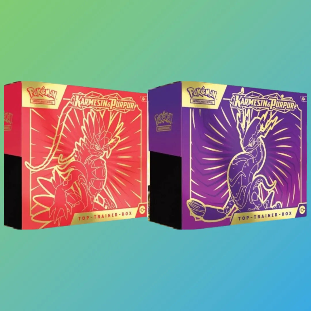 Pokémon Sammelkartenspiel KP 1.0 Karmesin & Purpur Top-Trainer-Box (Deutsch) – exklusive Premium-Box mit mehreren Boosterpacks aus der ersten Karmesin & Purpur Erweiterung, einer besonderen Promokarte, hochwertigen Kartenhüllen, Würfeln, Marken und weiterem Zubehör. Ideal für Sammler und Spieler, die ihre Sammlung erweitern oder direkt in das neue Karmesin & Purpur Set einsteigen möchten. Perfekt als Geschenk oder für den Aufbau eines starken Decks