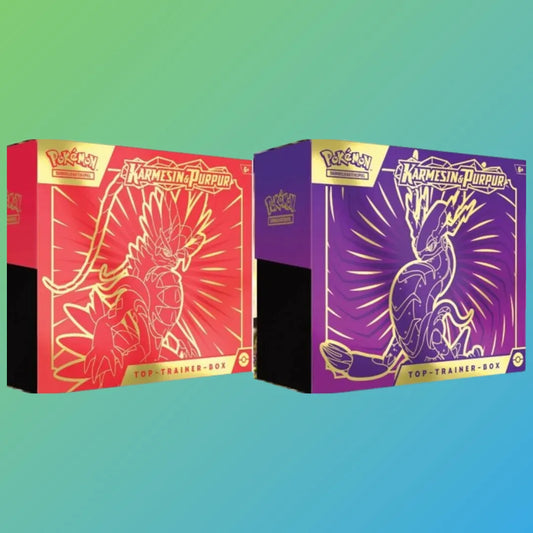 Pokémon Sammelkartenspiel KP 1.0 Karmesin & Purpur Top-Trainer-Box (Deutsch) – exklusive Premium-Box mit mehreren Boosterpacks aus der ersten Karmesin & Purpur Erweiterung, einer besonderen Promokarte, hochwertigen Kartenhüllen, Würfeln, Marken und weiterem Zubehör. Ideal für Sammler und Spieler, die ihre Sammlung erweitern oder direkt in das neue Karmesin & Purpur Set einsteigen möchten. Perfekt als Geschenk oder für den Aufbau eines starken Decks