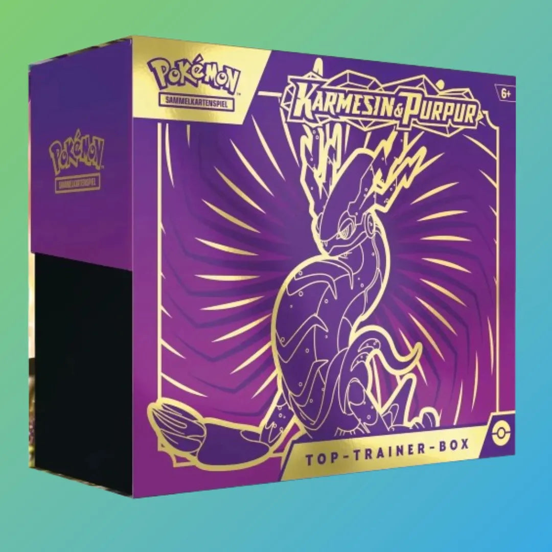 Pokémon Sammelkartenspiel KP 1.0 Karmesin & Purpur Top-Trainer-Box (Deutsch) – exklusive Premium-Box mit mehreren Boosterpacks aus der ersten Karmesin & Purpur Erweiterung, einer besonderen Promokarte, hochwertigen Kartenhüllen, Würfeln, Marken und weiterem Zubehör. Ideal für Sammler und Spieler, die ihre Sammlung erweitern oder direkt in das neue Karmesin & Purpur Set einsteigen möchten. Perfekt als Geschenk oder für den Aufbau eines starken Decks