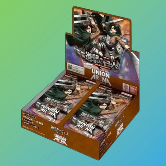 „Union Arena – Attack on Titan 1st Print Booster Display (Japanisch) – versiegelte Display-Box mit 16 japanischen Boosterpacks der ersten Auflage aus der Union Arena Attack on Titan Serie. Enthält exklusive Sammelkarten mit beliebten Charakteren und Motiven aus Attack on Titan. Ideal für Sammler und Spieler, die ihre Sammlung mit limitierten Erstauflagen und seltenen Karten erweitern möchten. Perfekt für Booster-Openings, Tausch oder als Geschenk für Anime- und TCG-Fans.“