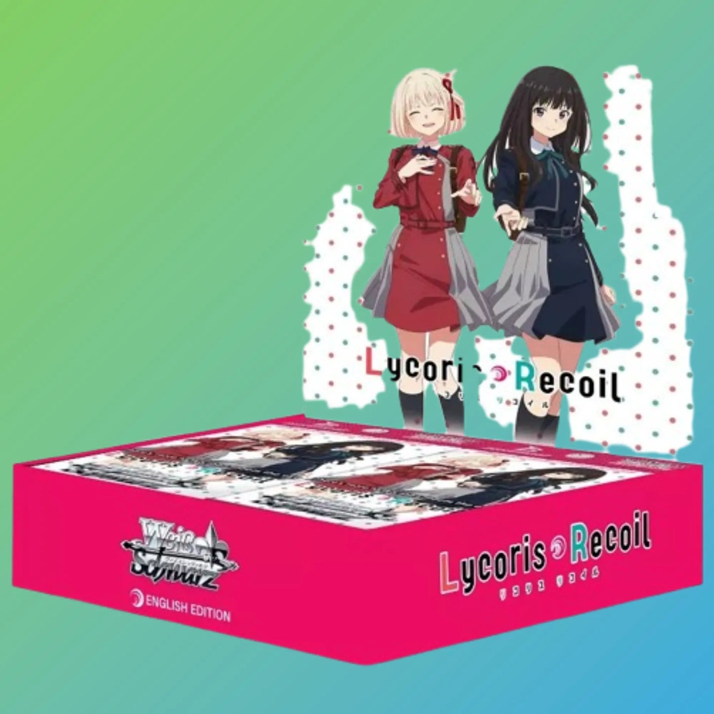 Weiß Schwarz – Lycoris Recoil Booster Box (Englisch) – versiegelte Sammelbox mit 16 englischsprachigen Boosterpacks aus der Lycoris Recoil Edition. Enthält exklusive Sammelkarten mit beliebten Charakteren und Szenen aus dem Anime Lycoris Recoil. Ideal für Sammler und Spieler, die ihre Weiß Schwarz Sammlung erweitern oder auf der Suche nach limitierten und besonderen Karten sind. Perfekt für Booster-Openings, Tausch oder als Geschenk für Anime- und TCG-Fans.