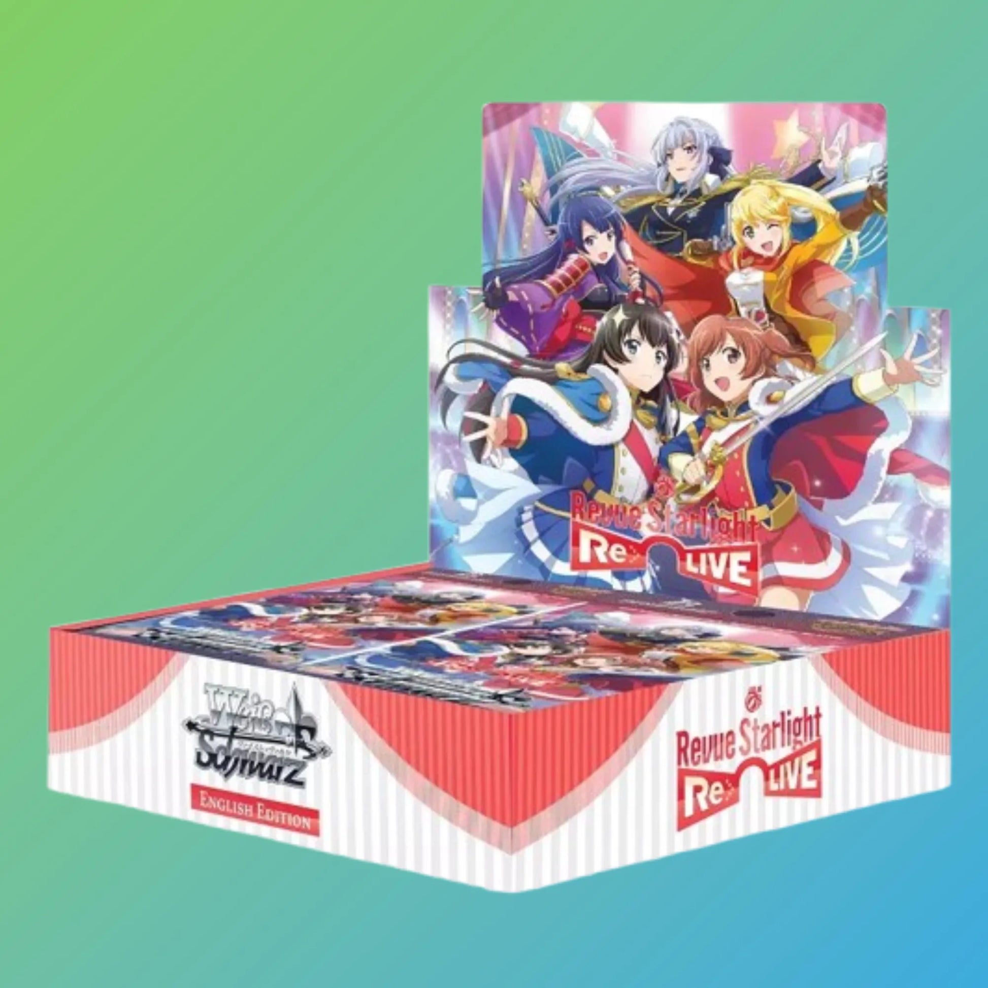 Weiß Schwarz – Revue Starlight ReLive Booster Box (Englisch) – versiegelte Sammelbox mit 16 englischsprachigen Boosterpacks aus der Revue Starlight ReLive Edition. Enthält exklusive Sammelkarten mit beliebten Charakteren und Szenen aus dem Anime Revue Starlight ReLive. Ideal für Sammler und Spieler, die ihre Weiß Schwarz Sammlung erweitern oder auf der Suche nach limitierten und besonderen Karten sind. Perfekt für Booster-Openings, Tausch oder als Geschenk für Anime- und TCG-Fans